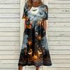 Damen Casual Halloween-Print Rundhalskleid mit Taschen