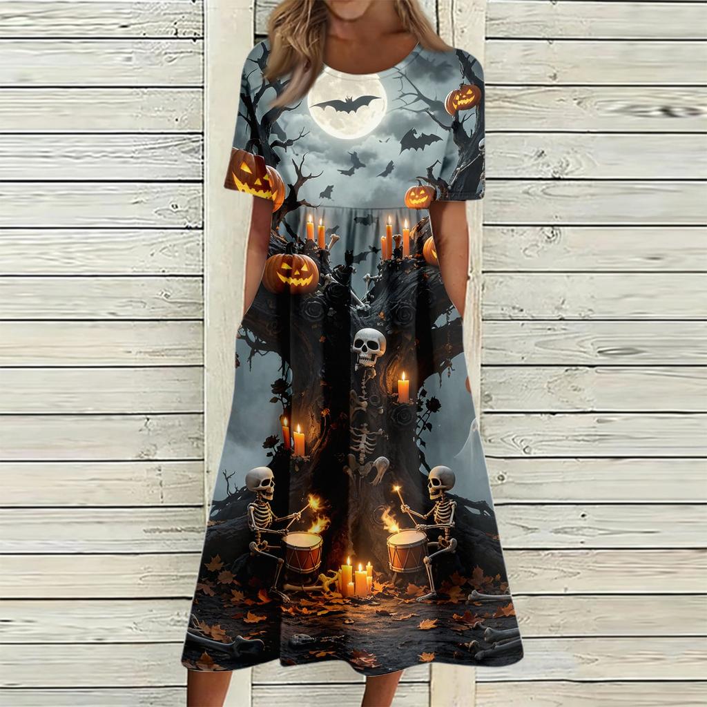 Damen Casual Halloween-Print Rundhalskleid mit Taschen