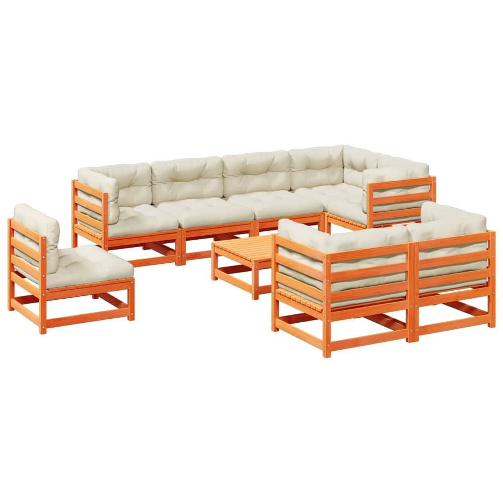9 piece garden sofa set with cushions wax brown pine wood