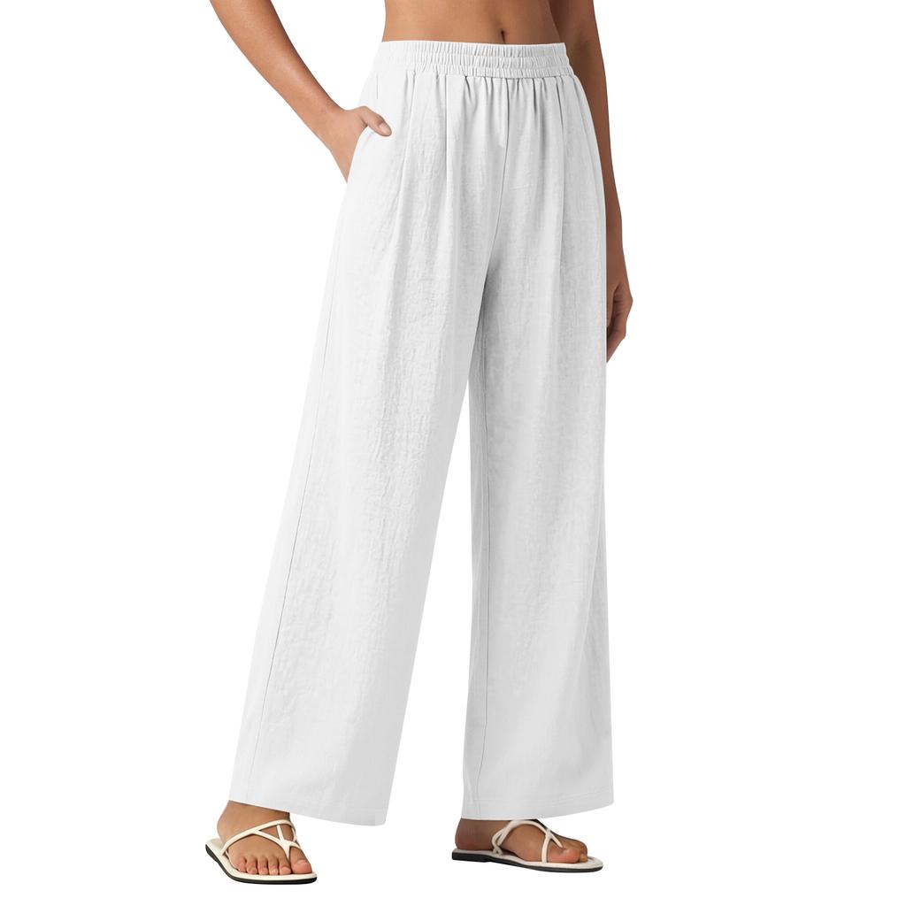 Women Loose Fit Straight Leg Casual Long Pants with Pockets Elastic Waist Lightweight Relaxed Trousers for Daily Wear