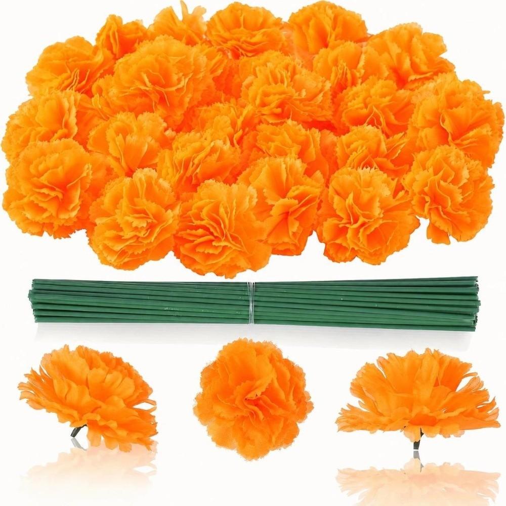 30 Pcs Silk Cloth Silk Marigold Flowers Decoration Set Orange Carnation Flowers Home Decoration