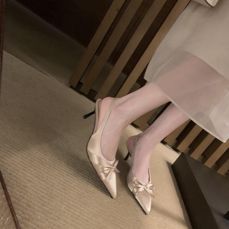 Sheepskin Version~ Baotou Sandals Women's Legs Length 7cm Thin Heels Bow High Heels Pointed Empty Single Shoes