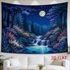 1pc Tapestry Moonlit Forest Stream Tapestry, Serene Night Scene with Glowing Moon, Cascading Waterfall, and Vibrant Flora Under Starry Sky.