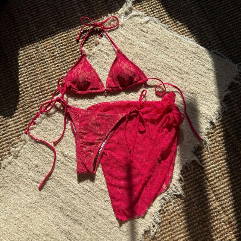 Sexy Lace Composite Mesh Three Piece Mini Skirt Bikini Swimsuit For Women