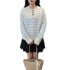 Corner buckle contrasting striped knitted sweater top autumn and winter new loose design sweater pullover woman