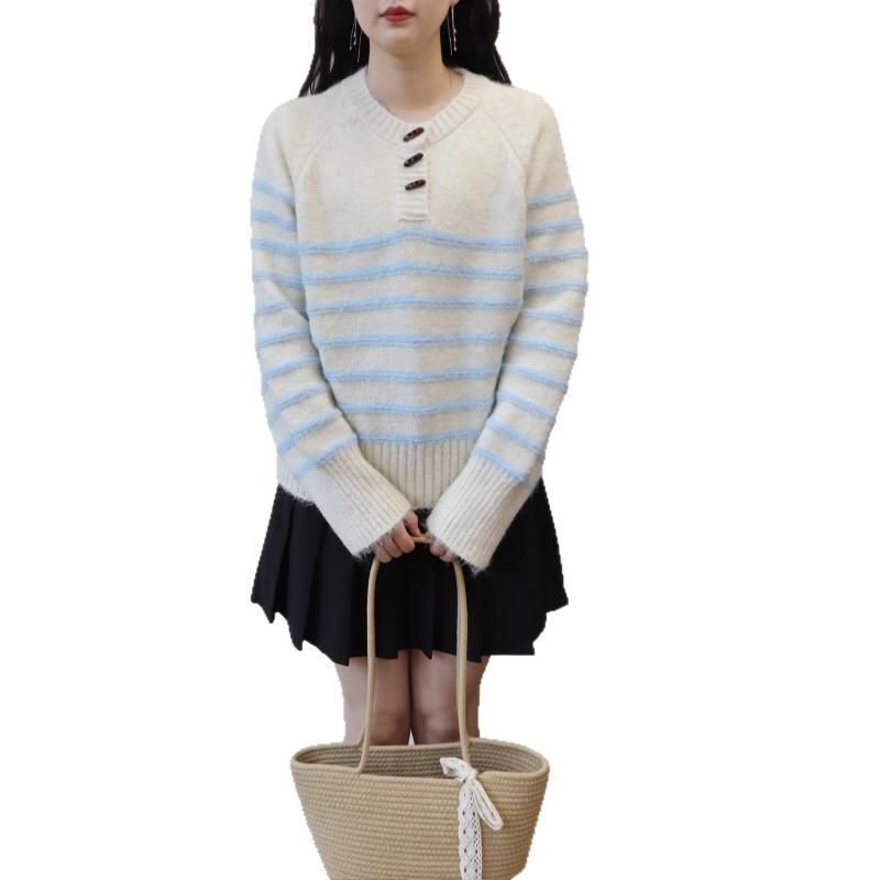 Corner buckle contrasting striped knitted sweater top autumn and winter new loose design sweater pullover woman