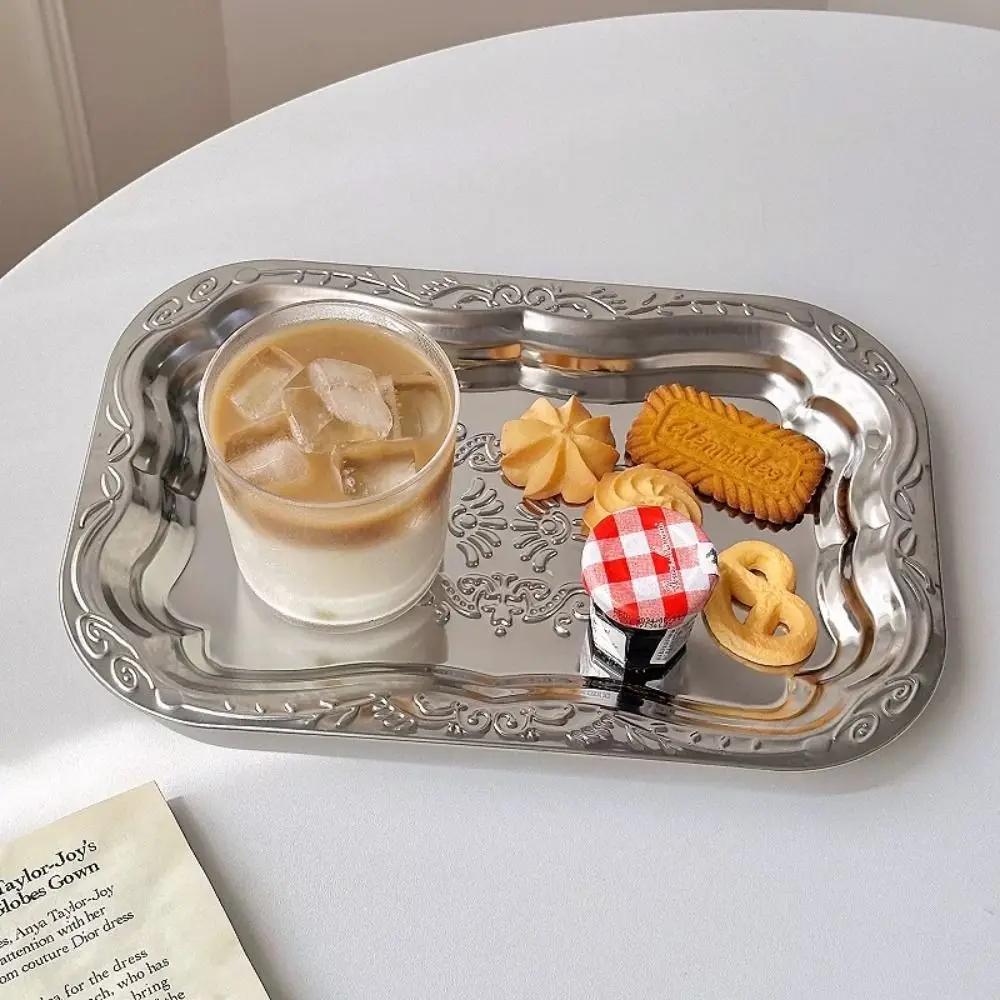 New Stainless Steel Floral Dining Tray Rectangular French Vintage Refreshment Pallet Cake Plate Restaurant Commercial Storage
