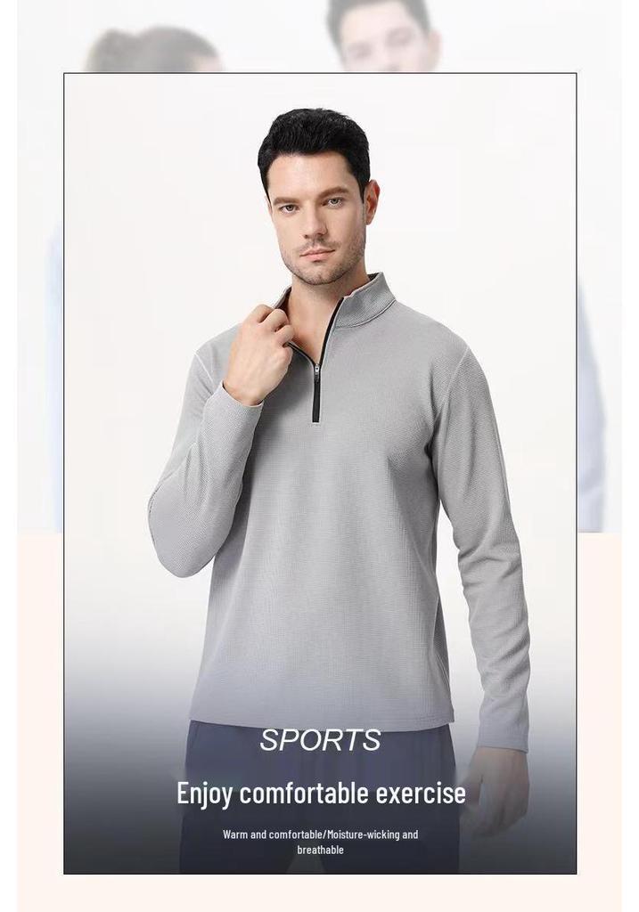 Men's Long Sleeve Half-Zip Sports Tee - Solid Color Stand Collar for Running and Fitness