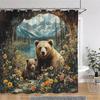 Brown Bear Shower Curtain, Colorful Floral Plants Outdoor Landscape Oil Painting Art Creative Shower Curtain Bathroom Decoration
