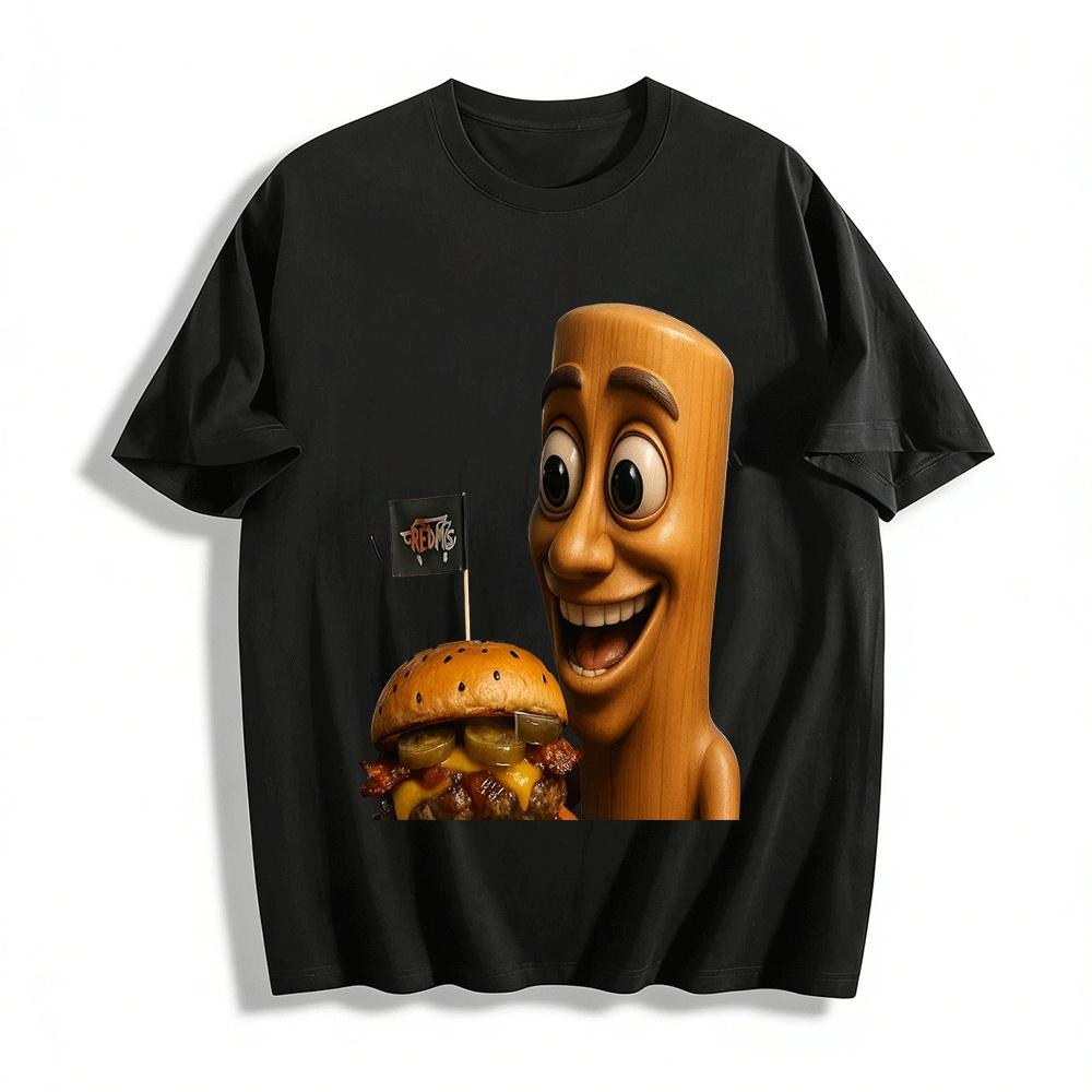 

Funny Wood Guy Bacon Cheese Burger Print Casual T-Shirt Pure cotton T-shirt XXS