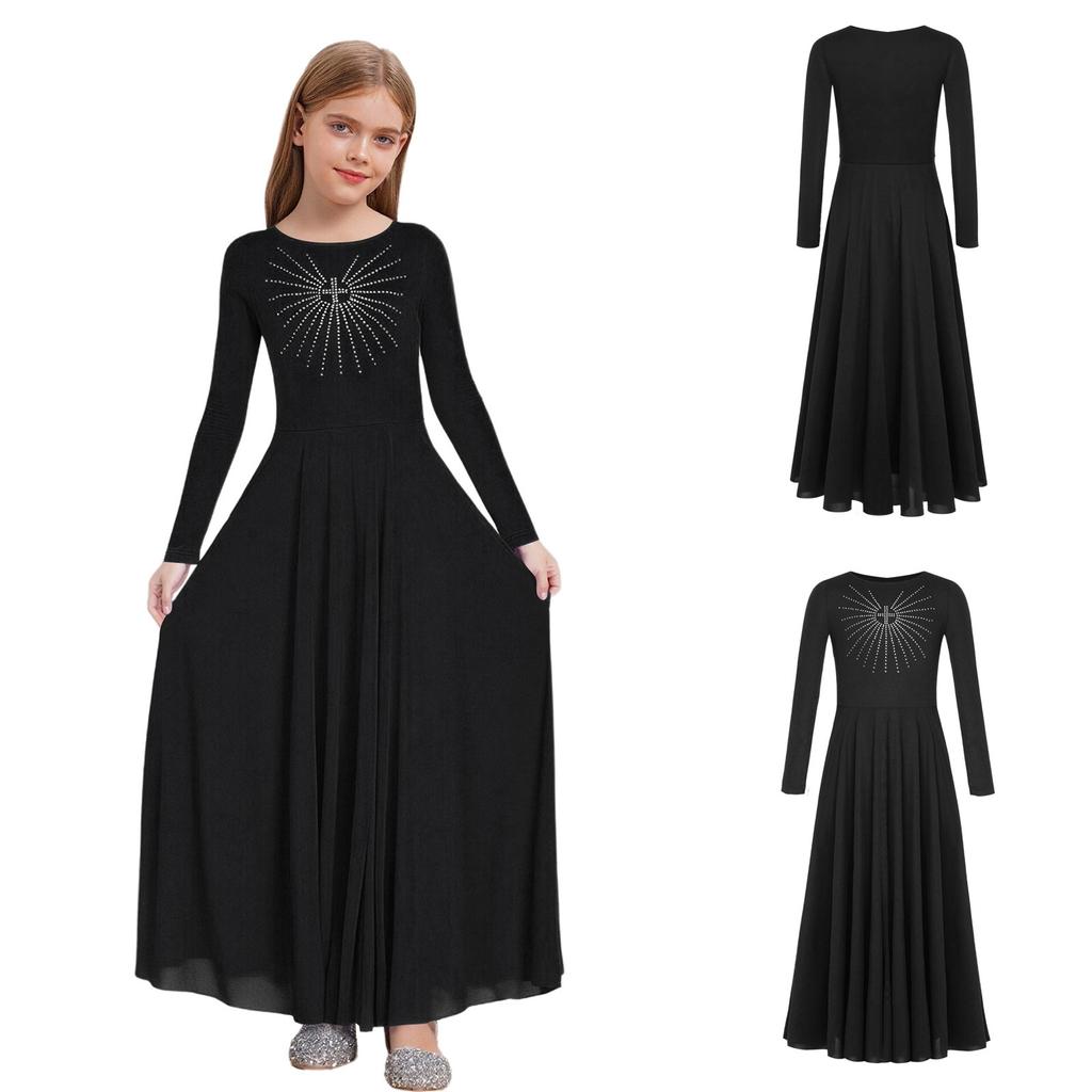 Glittery Rhinestone Church Choir Dress for Girls: Round Neck Long Sleeve A-line Maxi for Liturgical Worship Dance