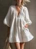 Bohemian Vacation Lace V-Neck Bubble Sleeve Design White Cotton and Linen Dress