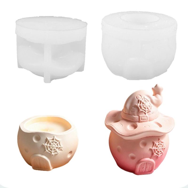 Witch Hat Silicone Candle Container Mould with Lid for Resin Casting, Mushroom House Silicone Mould for Halloween Decoration Storage Box Jewelry