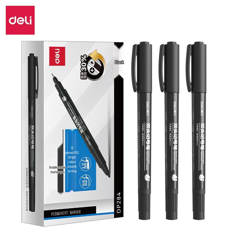 Deli DP284 Dual Tip Marker Pens, Black, 12-Pack