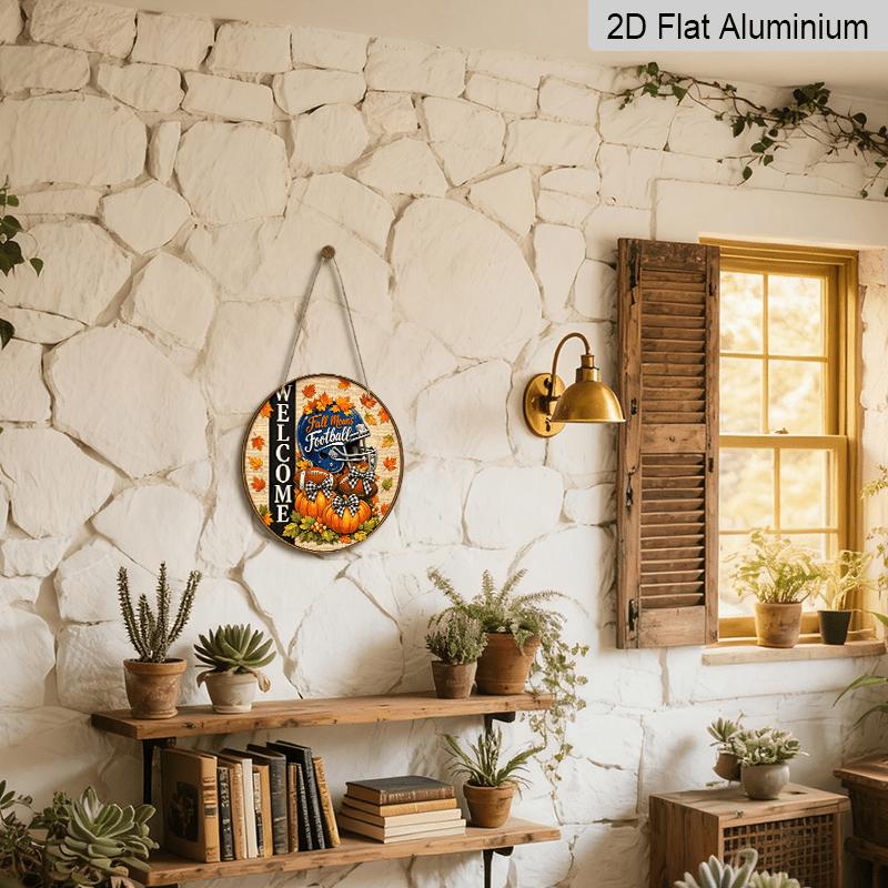 2D Flat, 1pc Round Aluminum Hanging Sign, Fall Football Welcome Blue Helmet Pumpkin Maple Leaf Metal Wall Decor, Rustic Farmhouse Autumn Sports Front