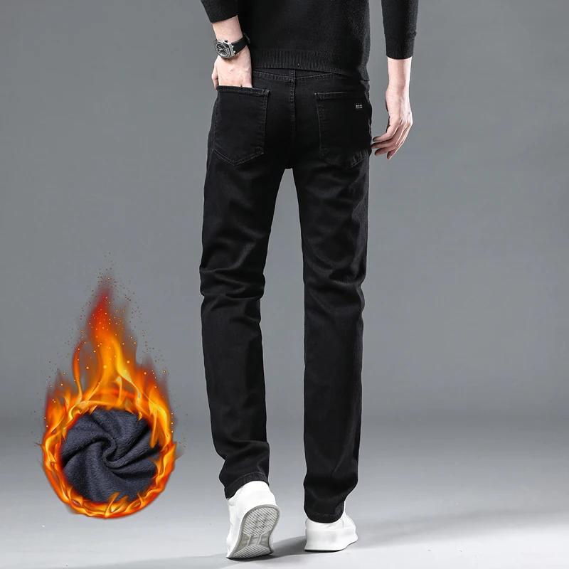 Autumn Winter Men Black Straight Stretch Denim Thick Velvet Pants Warm Jeans Casual Fleece Line Trousers Male Plus Size