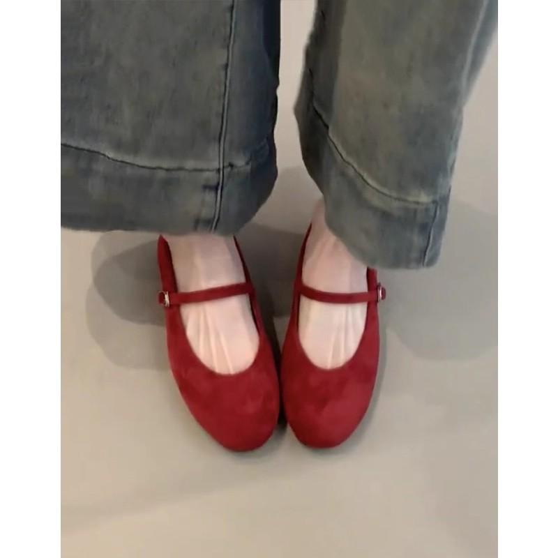Sheepskin version~ Genuine leather retro flat bottom red light mouth single shoes women's skirt Korean version Mary Jane shoes ballet shoes