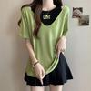 Plus Size Women's Tummy-Concealing Printed Short Sleeve Hollow-Out Loose Slimming Two-Piece T-shirt