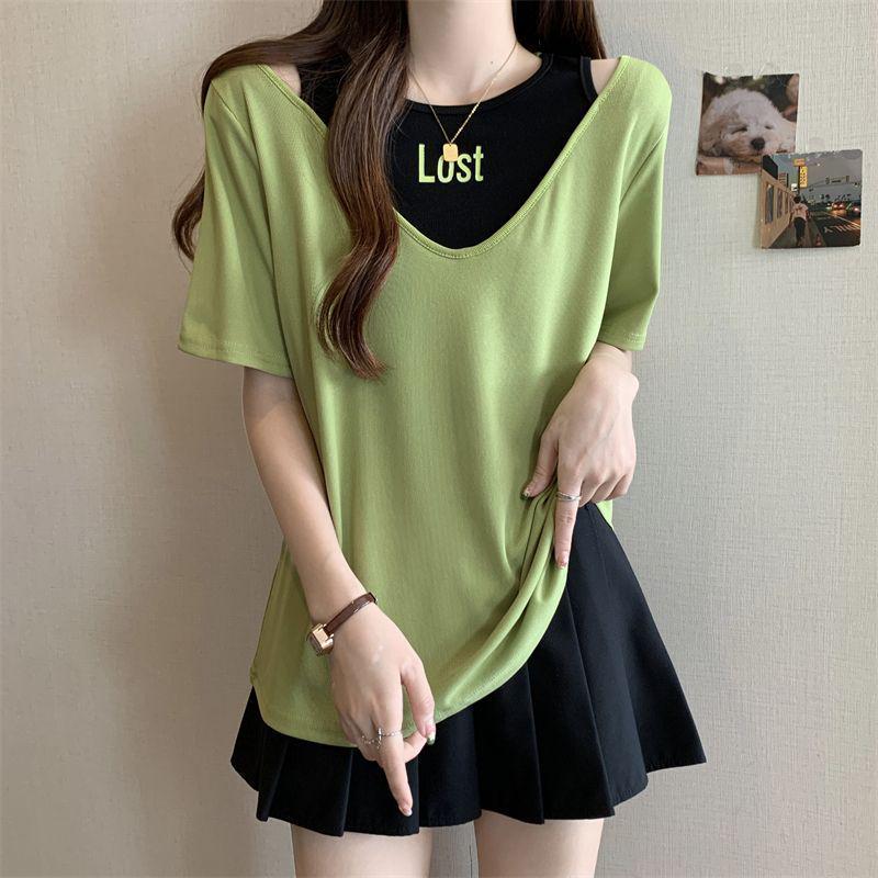 Plus Size Women's Tummy-Concealing Printed Short Sleeve Hollow-Out Loose Slimming Two-Piece T-shirt