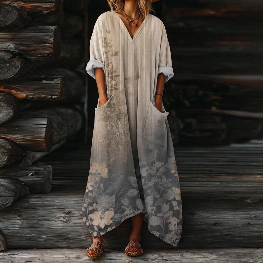 Damesjurk, casual, zwierige jurk met V-hals, vakantiejurk, boho-jurk, strandjurk, zomerjurk