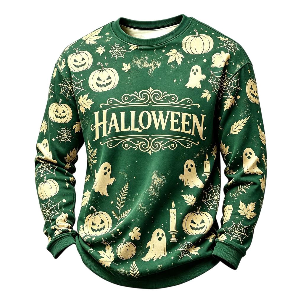 Men's Casual Round Neck Long Sleeve Top with Halloween Print