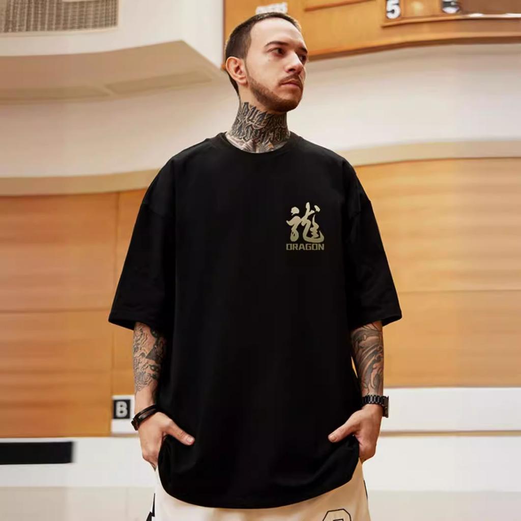 New Chinese Wind Year of the Dragon Printed Short-sleeved T-shirt Men Loose Big Yards Street Hip-hop Five Half-sleeved Tops