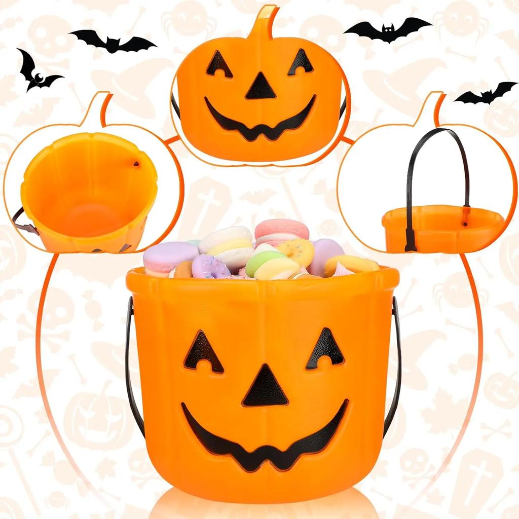Halloween Trick Or Treat Buckets Pumpkin Candy Basket Plastic Pail Candy Holder With Handle Orange Jack-O'-Lantern Party Favors
