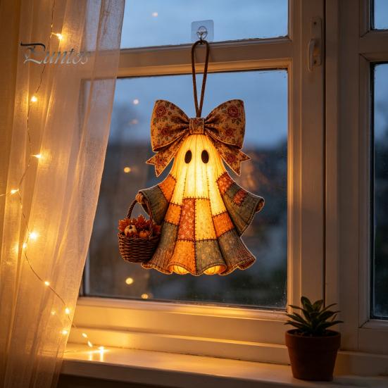 Durable Festival Party Supplies Lighted Vintage Patchwork Ghost Door Hanger, Rustic Farmhouse Figurine, LED Light Up Resin Wall Ornament Halloween