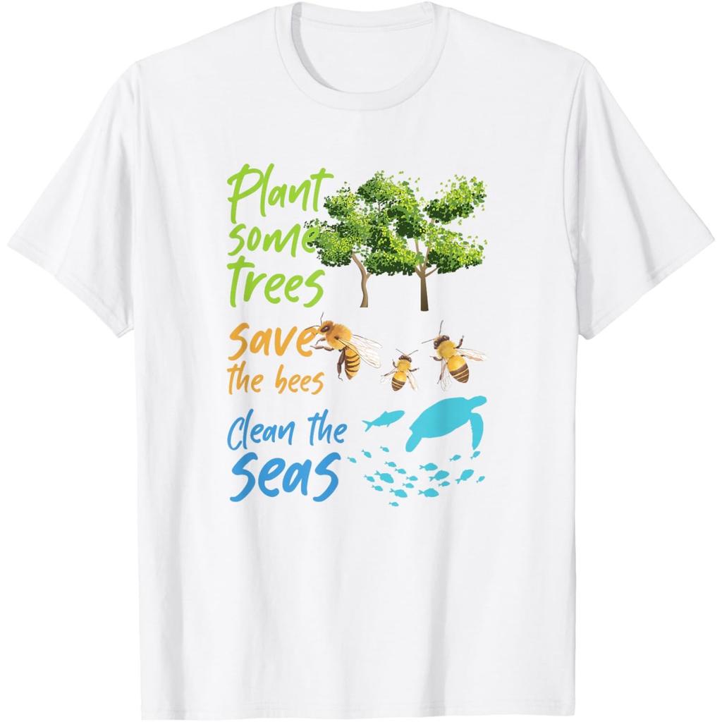 Plant Trees Save Bees Clean Seas Turtle Graphic Cotton T-Shirt Casual Crewneck Tee