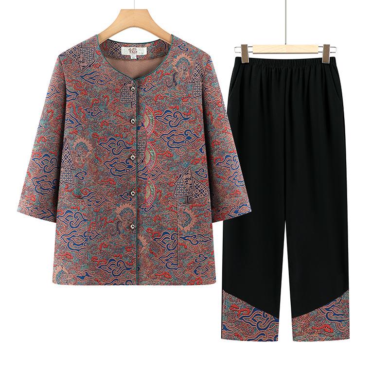 

Chic Grandma Summer Seven-Sleeve Top Two-Piece Set - Chinese Style Fashion for Middle-Aged & Elderly Women 5XL (Recommended 145-155 kg) синий