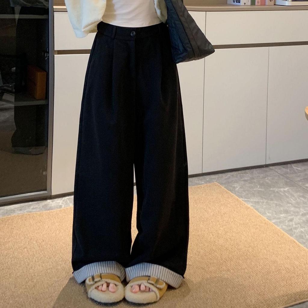 Women's Plus Size High-Waisted Wide-Leg Wool Pants - Loose, Cuffed, and Thickened for Autumn/Winter