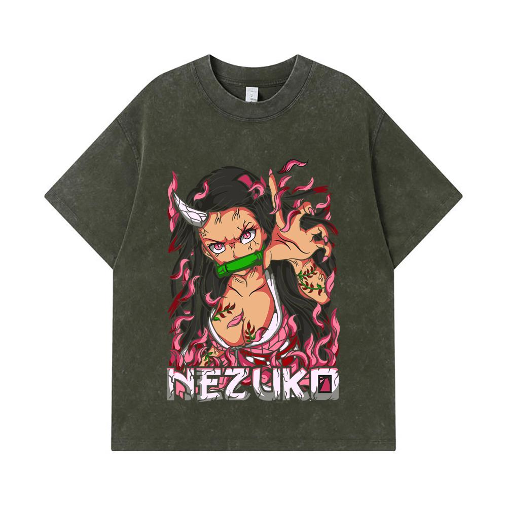 275 GSM Washed T-shirts 100% Cotton Demon Slayer V73 Nezuko Print Unisex Heavy Cotton T Shirt