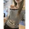 Black and white striped diagonal shoulder long-sleeved t-shirt women's spring chic beautiful spice girl style slim-fit one-word shoulder top