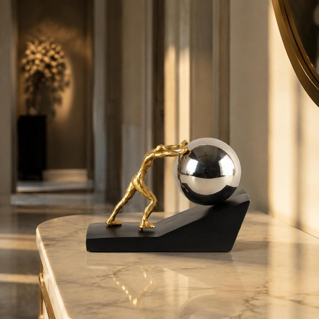 Gold-coloredToned Figurine with Silver Sphere Metal-likeLook for Entryway