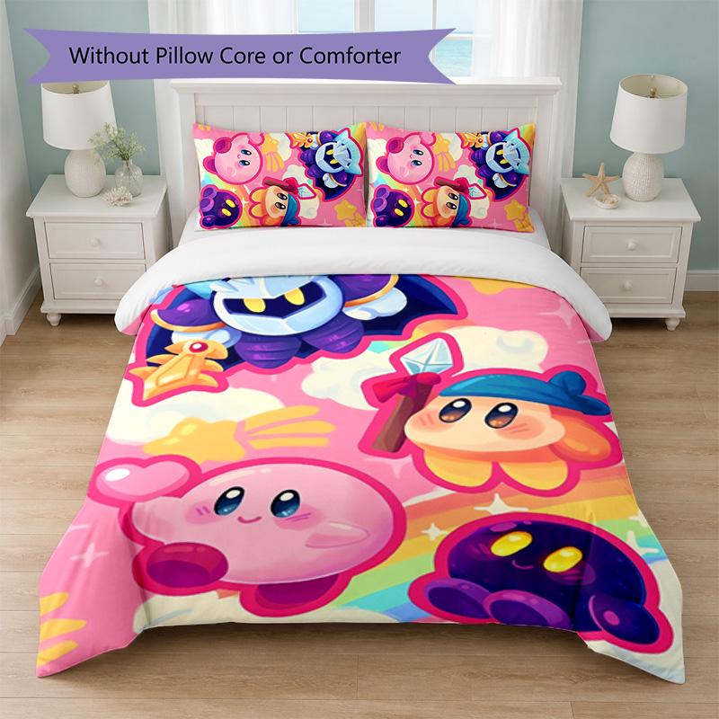 Kirby Print 3-teiliges Bettwäsche-Set 1 Bettbezug und 2 Kissenbezüge Weiche Bettwäsche für Haushalt Schlafzimmer