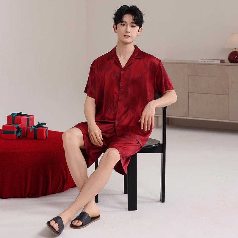Spring and summer pajamas wedding couple suit ice silk short-sleeved shorts red natal year festive loungewear women