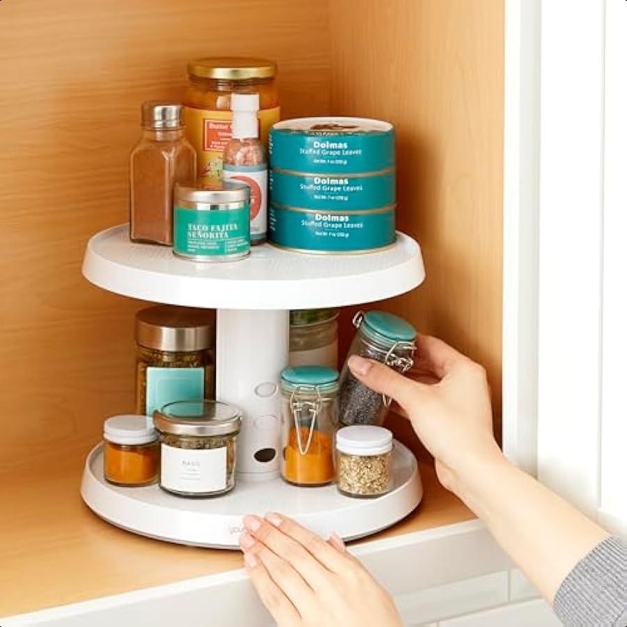 

Вращающаяся двухуровневая подставка Crazy Susan с регулируемой высотой, органайзер для кухонного шкафа и организации кладовой, белый United States