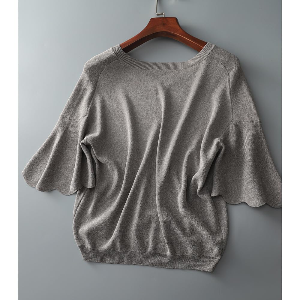 Ruffled Summer Knit for Short Large Loose Stylish [YOMORIO] Women, Knit, Sleeve, Size, Fit, T-Shirt, Knit, V-Neck, Plain, Thin, Breathable, Spring,