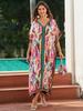 EDOLYNSA Plus Size Kaftan With Bag Bohemian Printed Summer Long Beach Dress Women Homewear Outfit Swim Suit Cover Up Loose Caftan