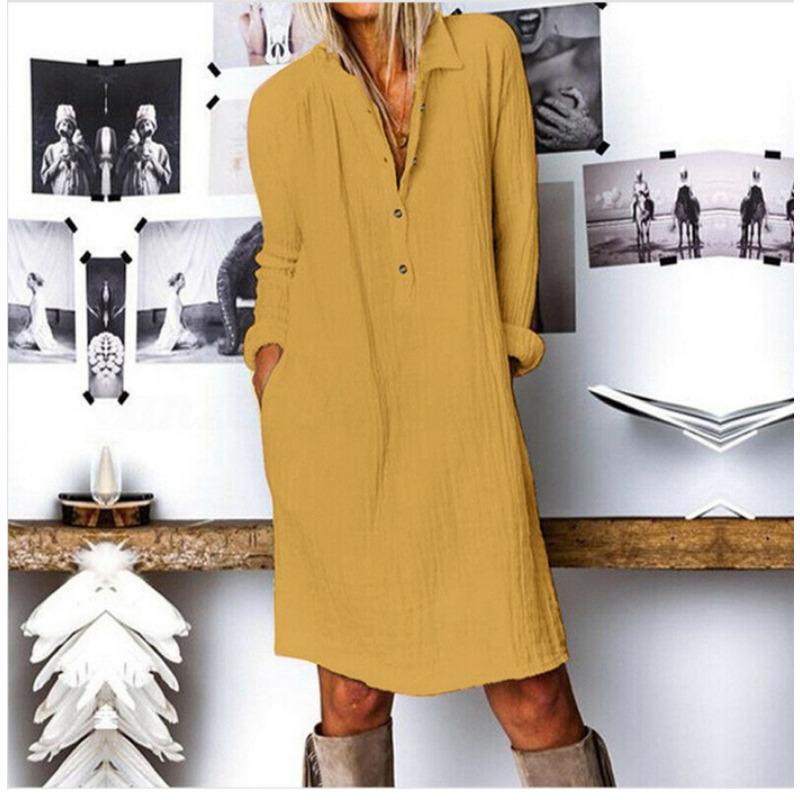 Fashion Casual Simple Long Sleeved Women Dress Spring Summer Plus Size Office Party Elegant Loose Solid Color Dresses Female Buttons Women's Clothing