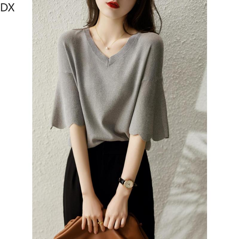 DX-Micro rozšířený okvětní lístek rukáv top s výstřihem do V dámské letní pletené tričko volný krátký rukáv ledový hedvábný svetr tenký dámská košile zahraničního stylu