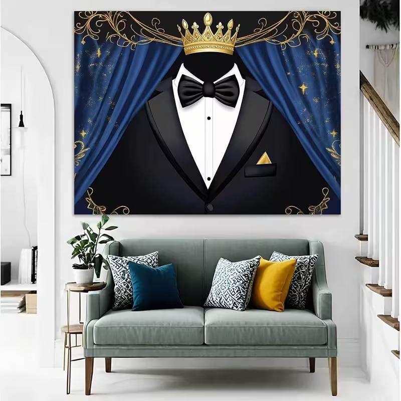 2D Flat Printing Blue Curtain Tuxedo Backdrop for Birthday and Graduation Photoshoot