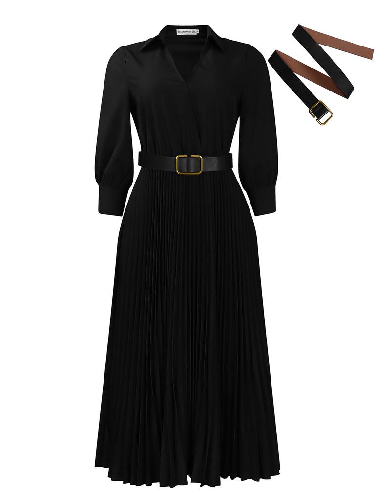Women's New Fashion Lapel Long-sleeved High-waisted Temperament Pleated Solid Color Dress