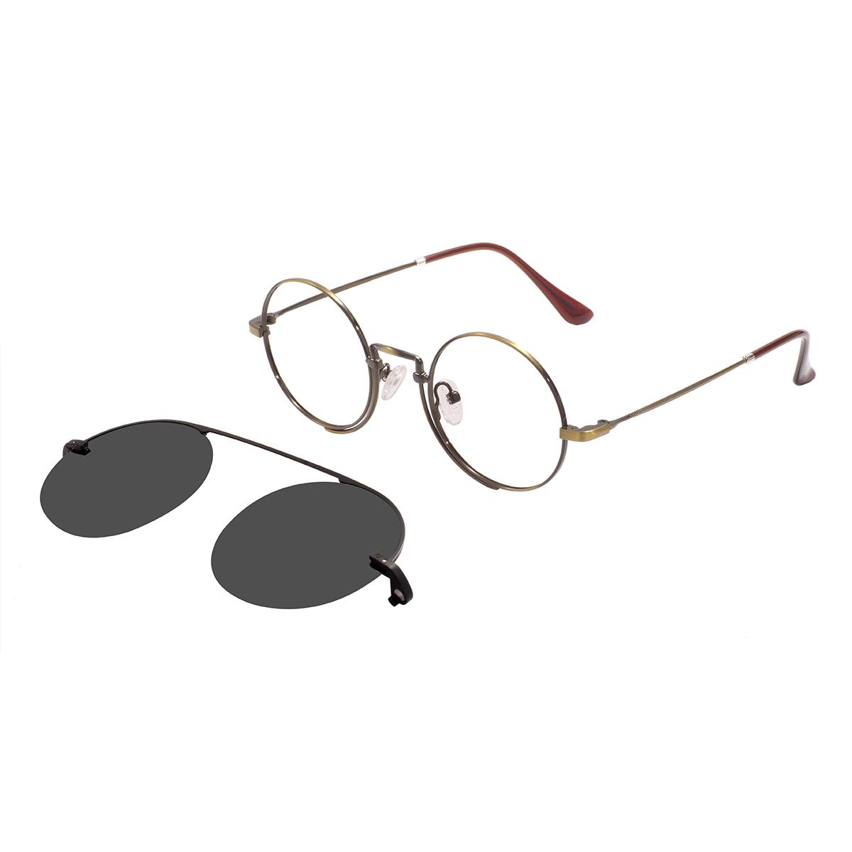 

Classic Metal Retro Round Glasses Frames With Clip On Sunglasses Large High Quality Full Rim For Optical Prescription lenses коричневий