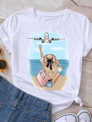 (Asian Size) Women T Shirt Travel Trend 90s Fashion Print Lady Female Graphic Casual Short Sleeve T-shirts Tee Top Clothing