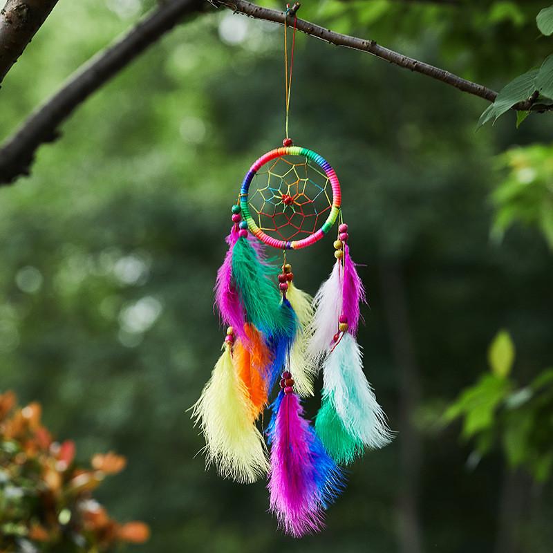 

Rainbow Color Dreamcatcher with Feather Tassel Boho Style Home Wall Hanging Bedroom Decoration