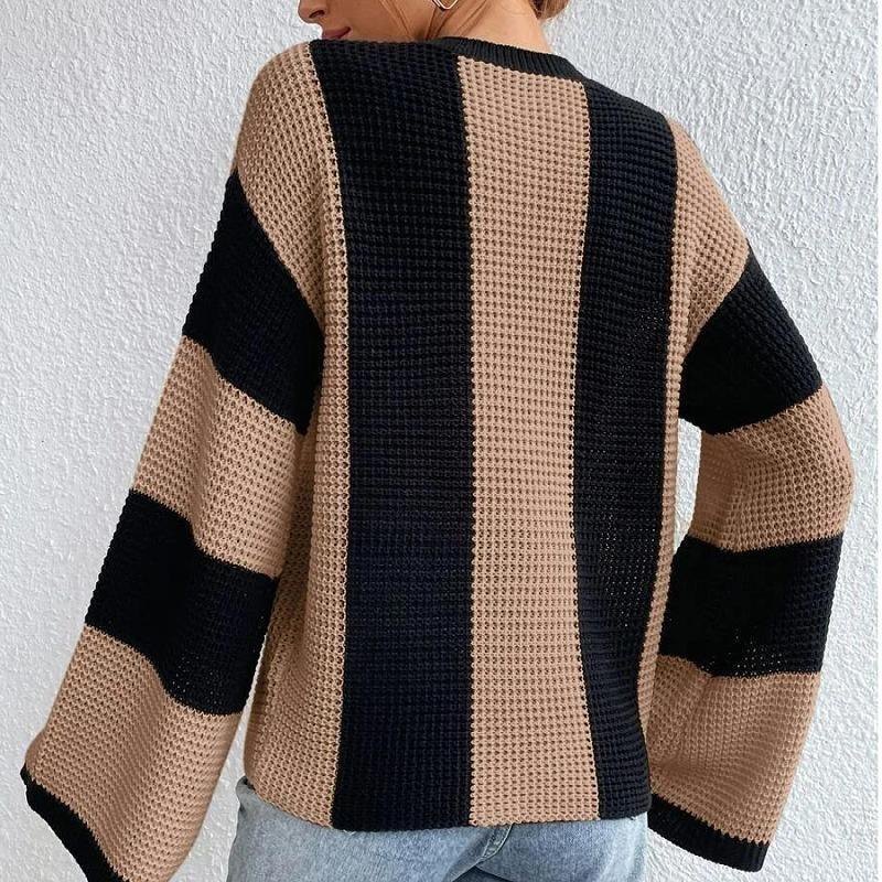 Damski Sweter Dzianinowy Casualowy w Paski Patchworkowy Okrągły Dekolt Rozszerzane Długie Rękawy Luźny Modny Dzianinowy Top Casualowy Wszechstronny Miękki Stylowy Sweter Dzianinowy Płaszcz
