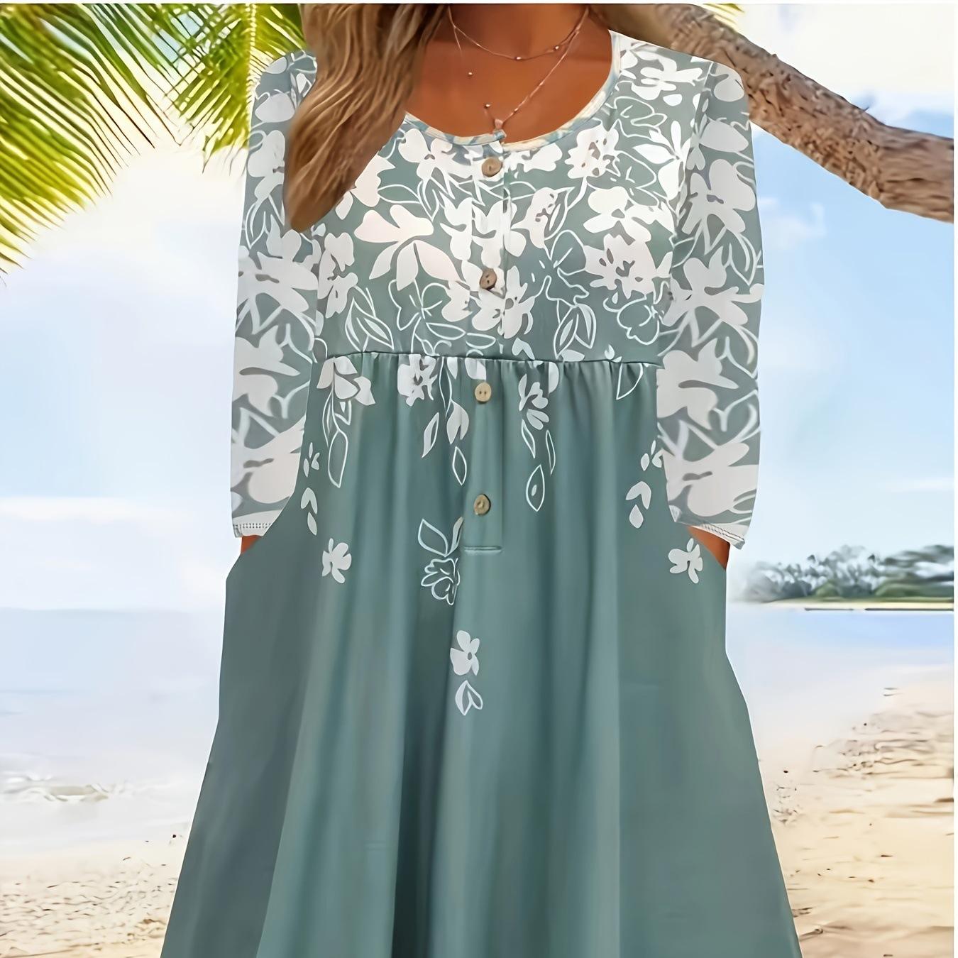 

Летнее новое свободное повседневное модное темпераментное платье с цветочным принтом и круглым вырезом с длинными рукавами XXL армия зеленый