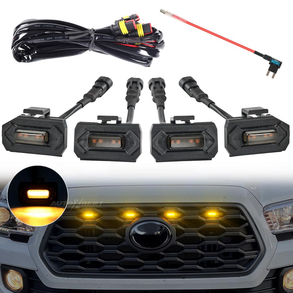 Kit cablaj 4x grilă frontală LED chihlimbar galbenă adaptor pentru cablaje pentru Toyota Tacoma 2020-2023 TRD Grill Black Shell Raptor-style