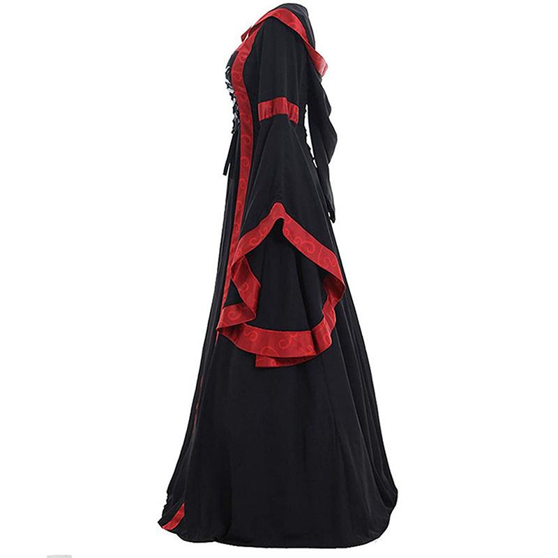 Mittelalterliche Renaissance-Kapuzenrobe, Retro-Kleid mit eckigem Kragen und Schnürung, Trompetenärmel, Damen-Halloween-Party-Kostüm,